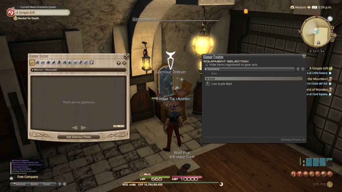 A FF14 Miqo'te is standing near a table labeled Glamour Dresser, in a dimly lit stone room with stone floor, with two menus open on either side