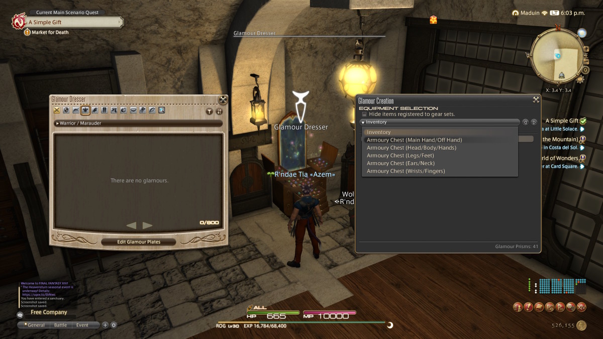 A FF14 Miqo'te is standing near a table labeled Glamour Dresser, in a dimly lit stone room with stone floor, with two menus open on either side. The menu on the right shows armory chest selections