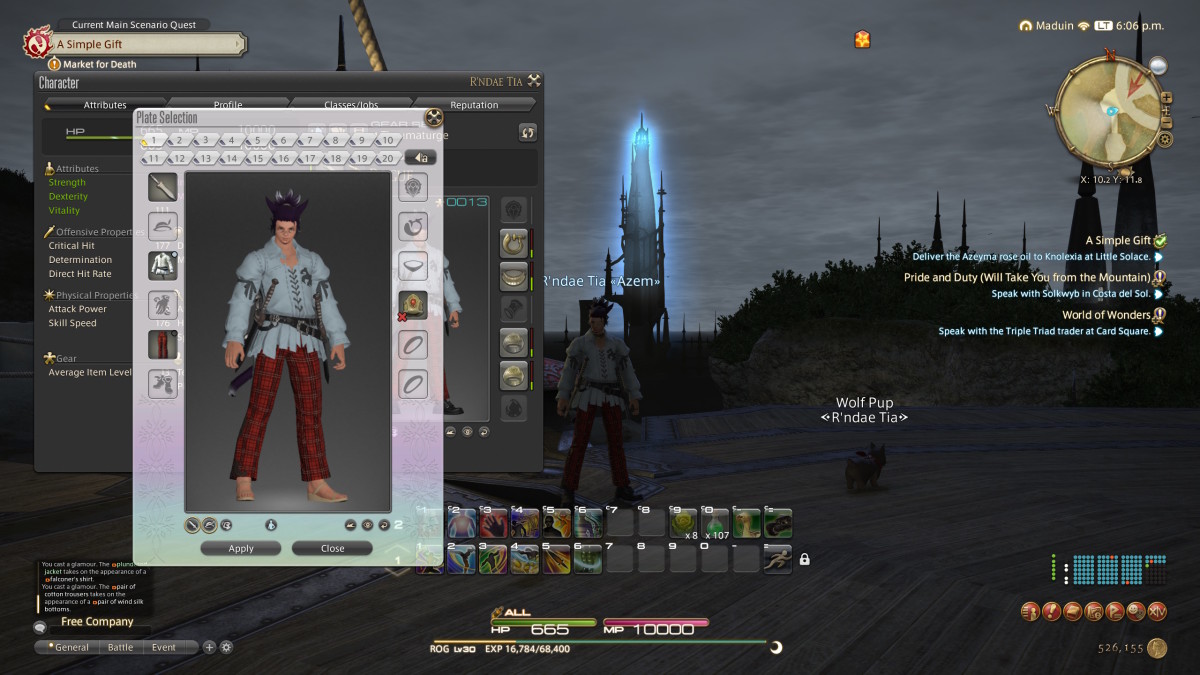 A Final Fantasy 14 glamour plate pane is open, showing a Miqo'te in a flowy shirt and red pants.