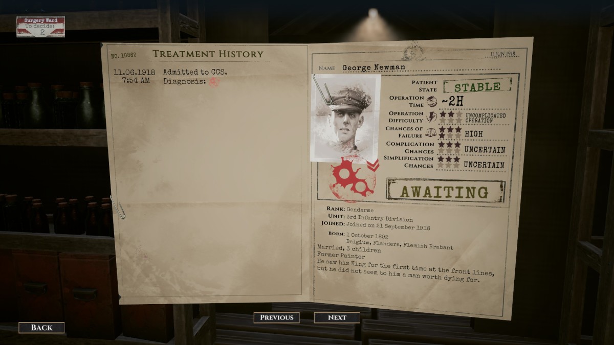 War Hospital screenshot of a patient file.