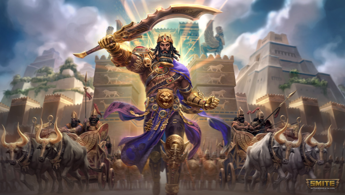 Artwork for SMITE showing a Babylonian god leading troops.