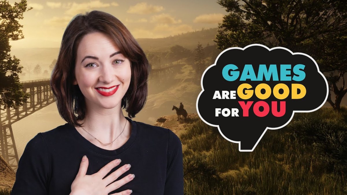 A smiling woman standing in front of a video game background with a speech bubble next to her that reads "Games are good for you."