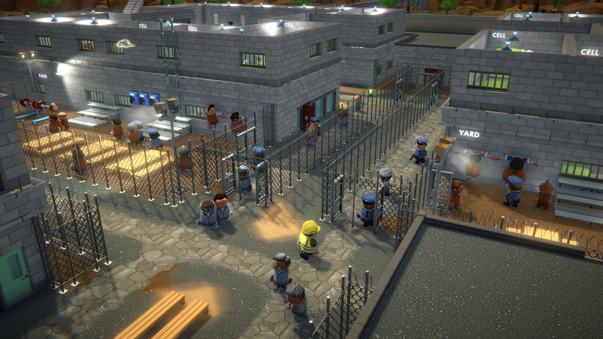 Prison Architect 2 screenshot showing a prison courtyard.