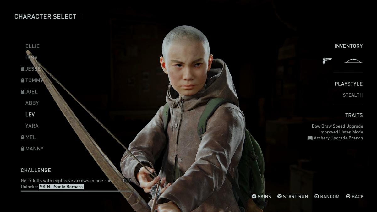 TLOU2 Remastered No Return character select menu, showing Lev with his bow