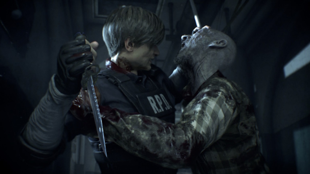 A large zombified man is grappling with another man, the latter of whom is holding a knife in his right hand, preparing to strike the zombie