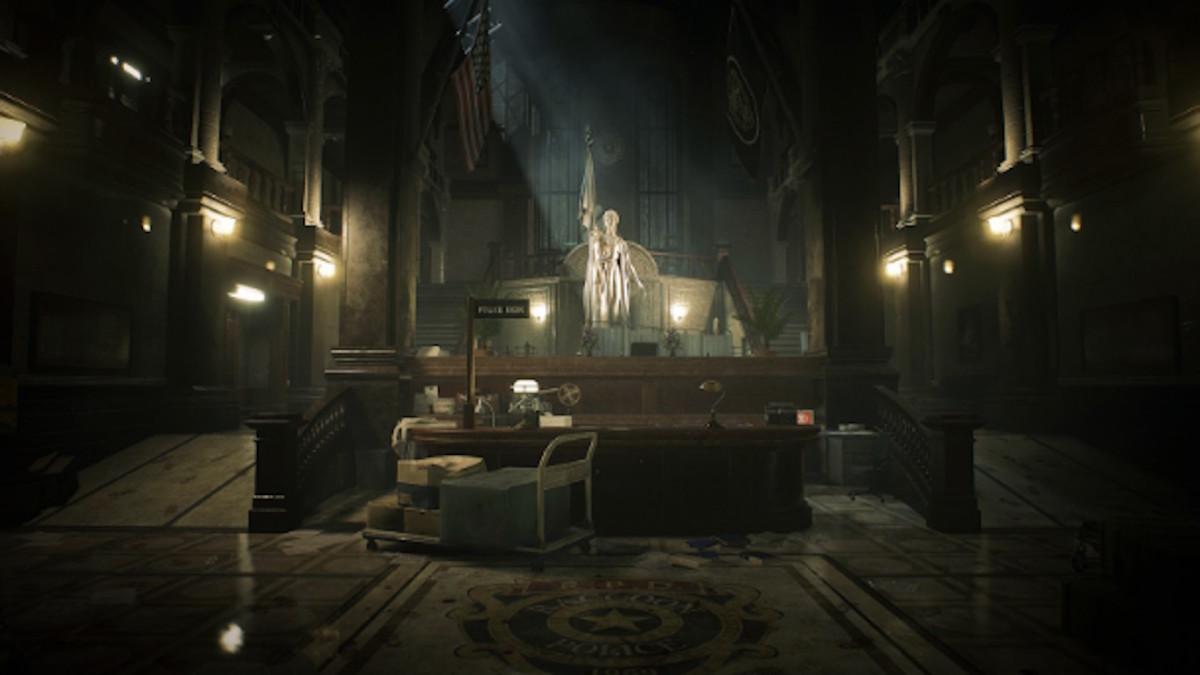 Resident Evil 2's police station sits in silence as low yellow lamps cast a dim glow on the bloodstained marble floor