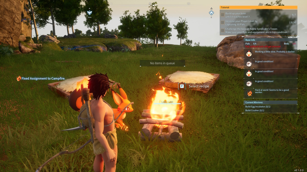 A Palworld Foxparks stands next to a campfire with a young human standing nearby