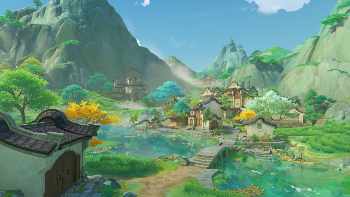Genshin Impact's Qiaoying Village is nestled in the heart of Chenyu Vale, with steep mountains surrounding a clear river running through an ancient settlement