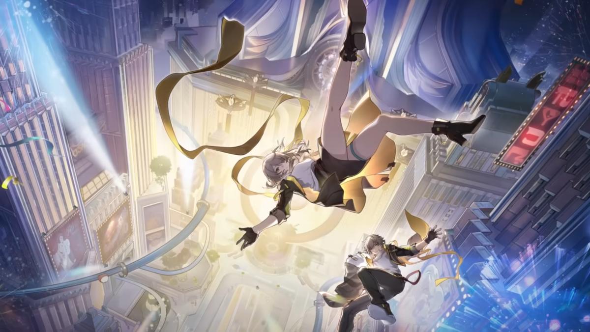 Honkai: Star Rail promo art for Penacony showing two characters falling down with a city-scape behind them.