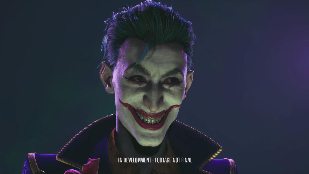 Suicide Squad: Kill the Justice League Joker screenshot showing a man with a painted clown face smiling creepily.