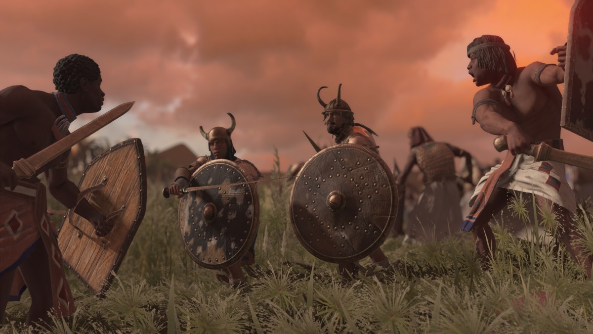 Total War: Pharaoh screenshot of Sherden warriors fighting Egyptian warriors.