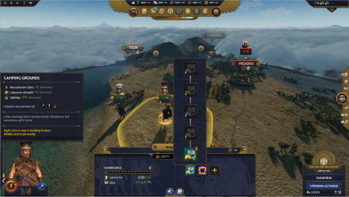 Total War: Pharaoh screenshot of horde building upgrades.