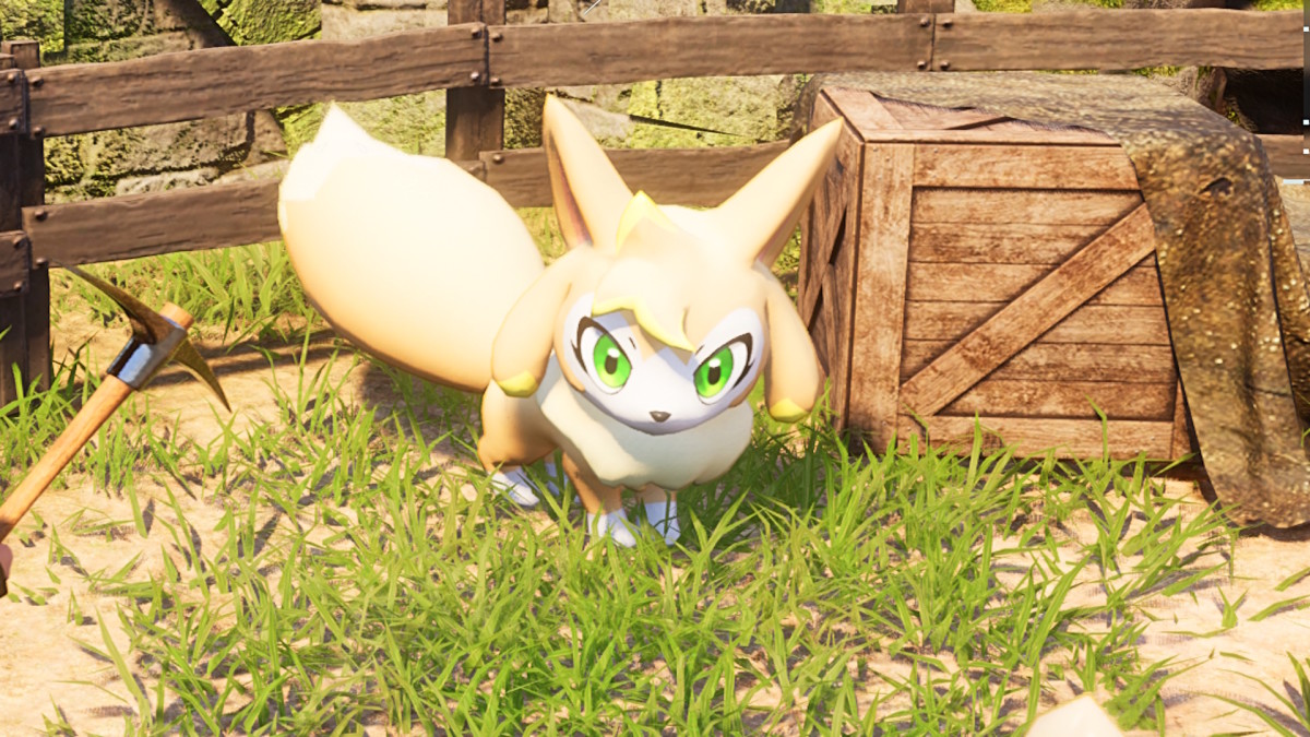 Palworld's Vixy, a cream-colored fox-like animal, is standing in a ranch next to some boxes