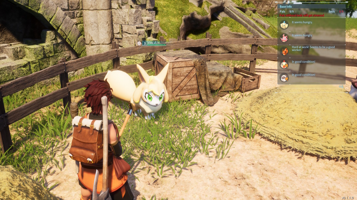 Palworld's Vixy is shown in a ranch, digging items out of the dirt for the player character