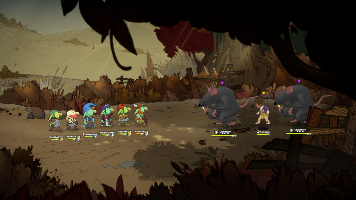 Screenshot from Goblin Stone showing a band of goblins fight against giant rats.