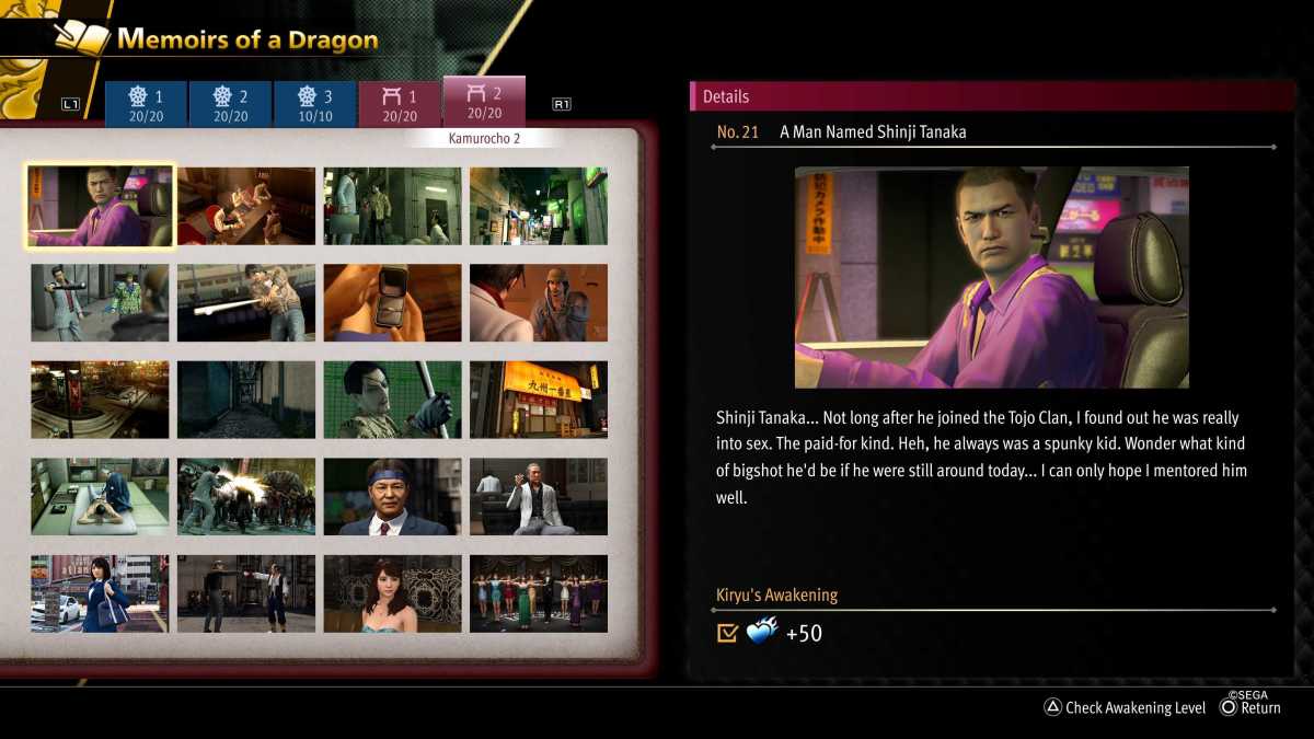 Memoirs of a Dragon screen in Like a Dragon: Infinite Wealth showing Kamurocho memories.