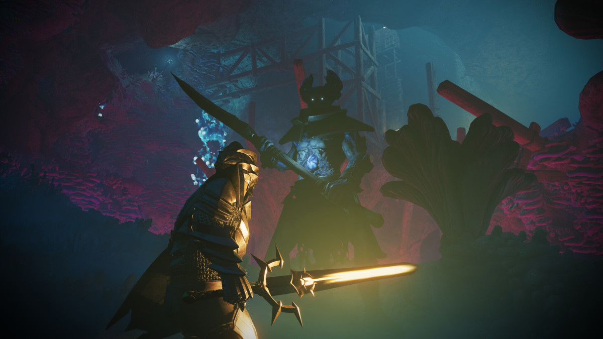 Enshrouded screenshot showing a warrior with a glowing sword fighting a giant armored warrior.